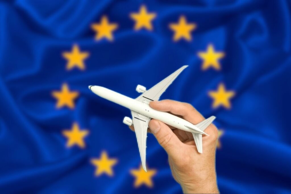 Schengen Flag and Airplane Blog